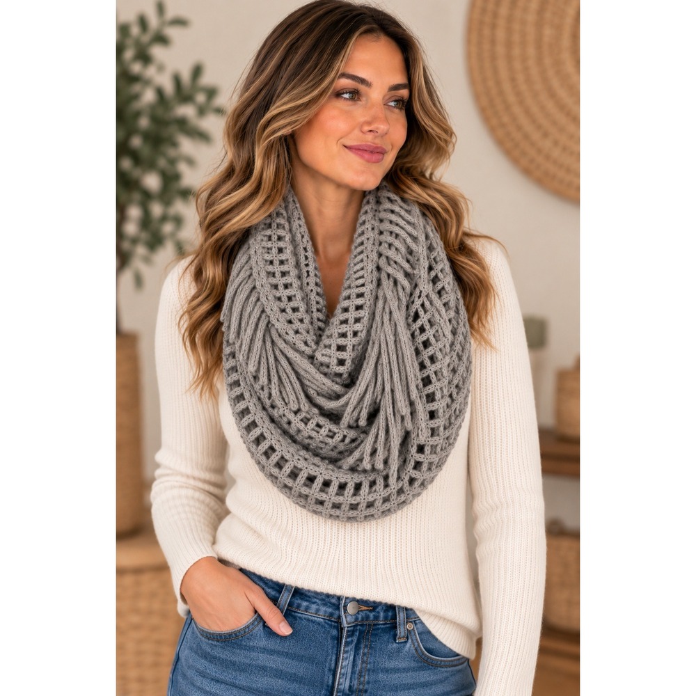 Womens Grey Open Knit Fringe Infinity Scarf Crochet Boho Circle Scarf Wrap